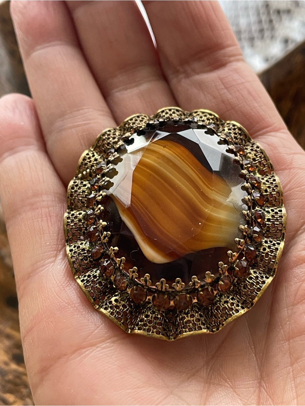 Vintage Brown Glass Banded Agate Filligree Rhinestone Halo Brooch - Unbranded
